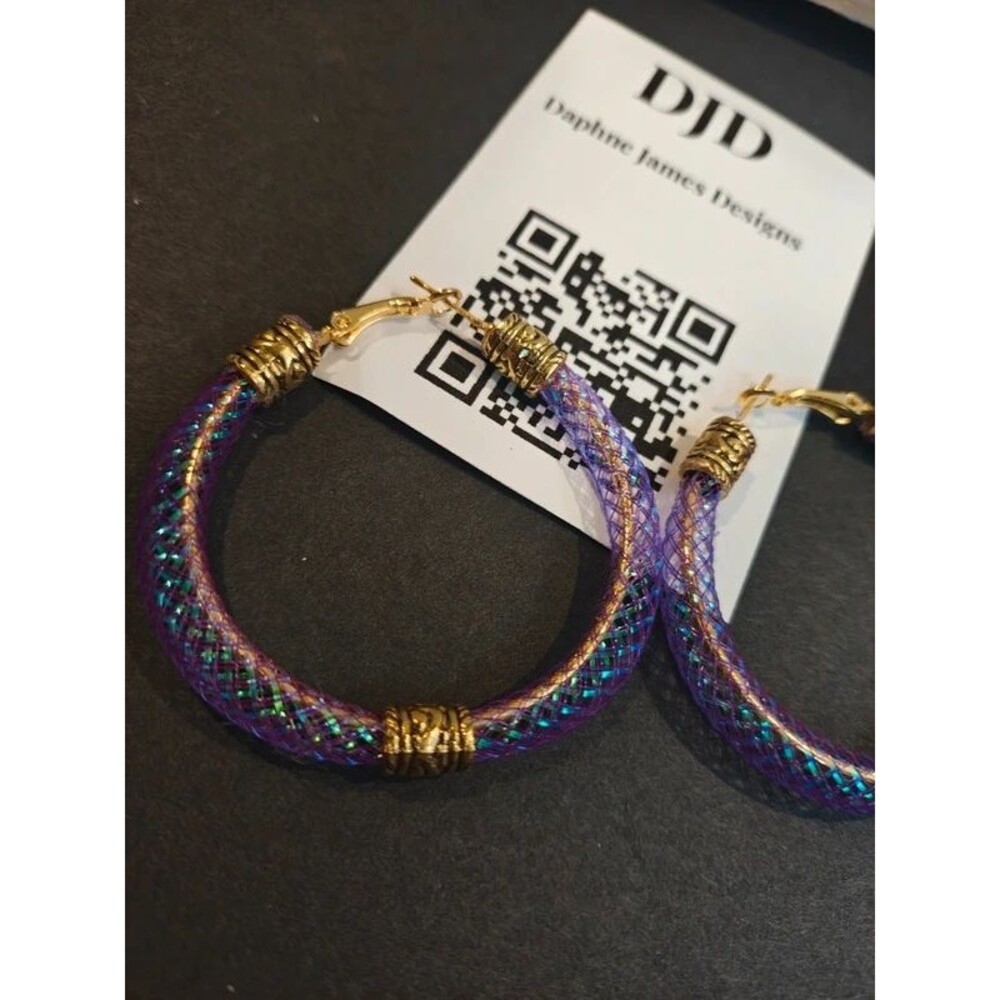 Handmade Purple Mesh Tube Hoop Earrings | Gold Bead Accents